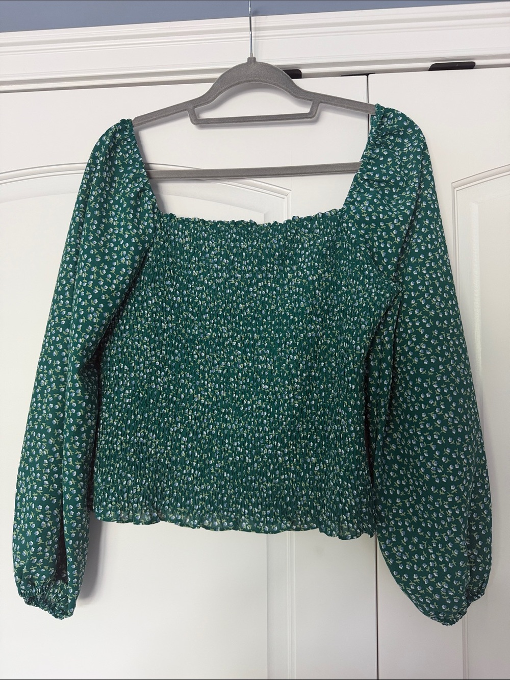 Smocked Square-Neck Long Sleeve Top - Green Floral
